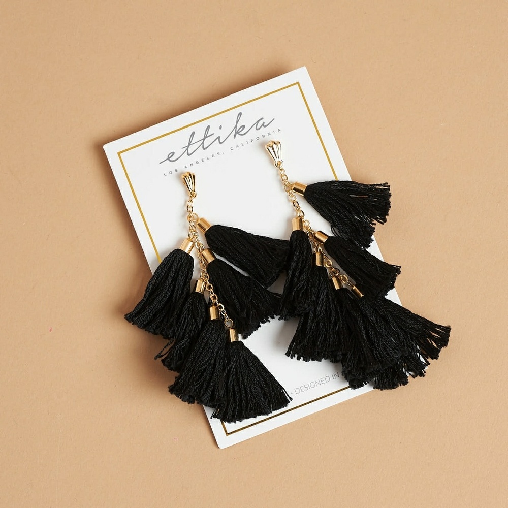 Ettika Daydreamer Black & Gold Tassel Earrings